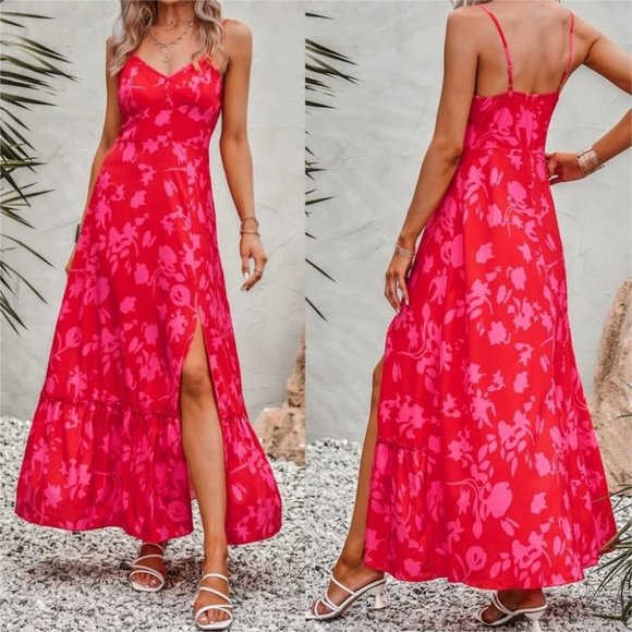 . Dresses & Skirts - Red Pink Floral Maxi Dress